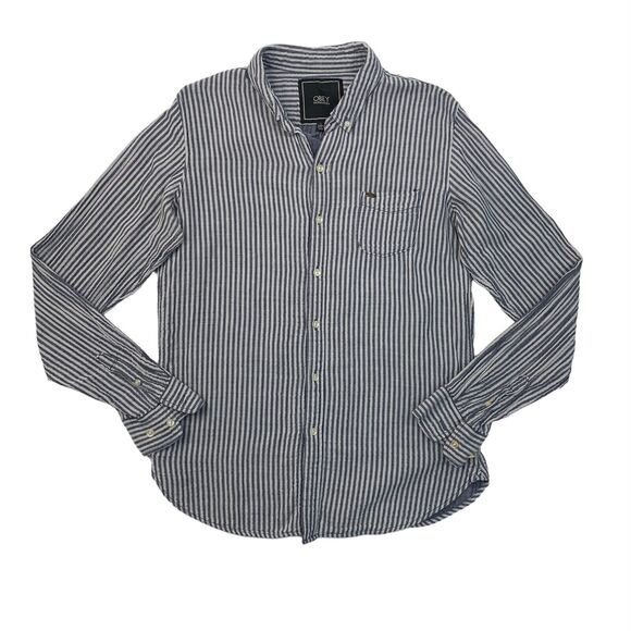 Obey Propaganda Shirt Mens L Large Blue Slim Seersucker Striped Button Down - Picture 1 of 12